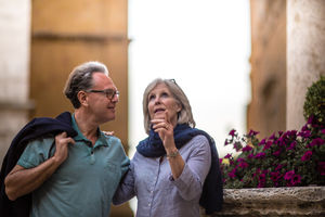 Senior couple on vacation visiting landmark