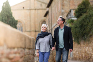 Senior couple on vacation visiting landmark