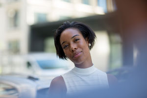 Businesswoman meeting colleague in city