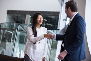 Businesswoman shaking hands with businessman