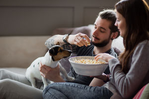Young couple eating popcorn with Jack Russell
