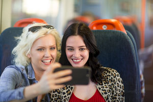 Young adult female friends travelling on train taking selfie