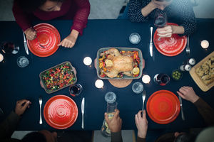 Overhead shot of group of friends having a meal