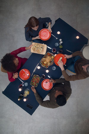 Overhead shot of group of friends having a meal
