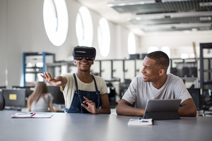 High school students using VR headset in class
