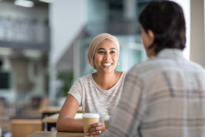 Female Muslim friends having coffee together in a shopping mall